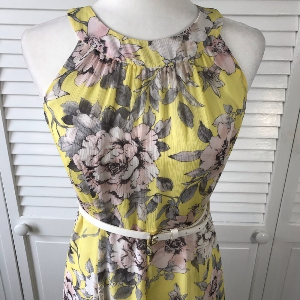 Price is firm TOMMY HILFIGER Yellow Floral Print Belted Midi Dress Size 4 - Picture 4 of 9